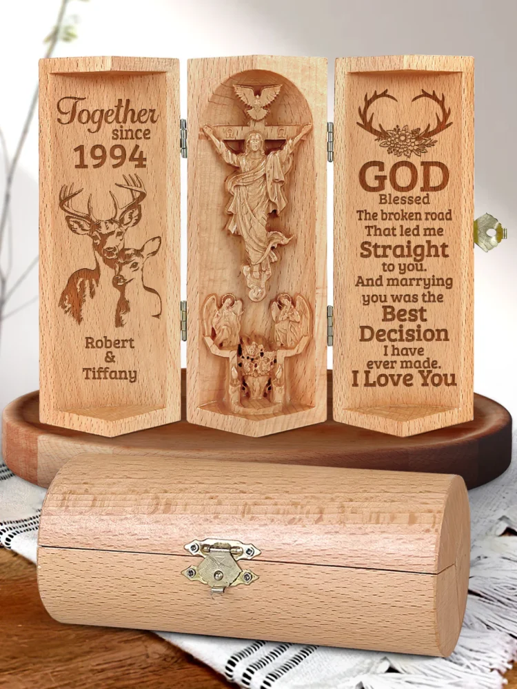 God Blessed The Broken Road Couple - Personalized Openable Wooden Cylinder Sculpture Of Jesus-faithregion (2)